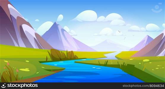 River water stream and mountain view landscape illustration. Beautiful vector cartoon outdoor nature scenery. Green grass valley, summer brook flow at sunny day. Blue sky with clouds, flying birds. River water stream and mountain summer landscape.