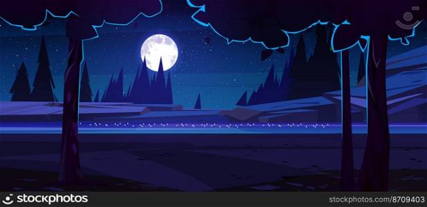 River with rocky shore and trees silhouettes at night. Vector cartoon illustration of summer landscape, countryside with water stream, stones, coniferous forest, full moon and stars in dark sky. River with rocky shore and trees at night