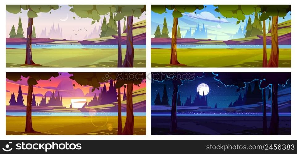River with rocky shore, green grass and trees at different time of day. Vector cartoon illustration of summer landscape, countryside with water stream in early morning, night, sunset, and noon. River with rocky shore at different time of day