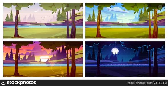 River with rocky shore, green grass and trees at different time of day. Vector cartoon illustration of summer landscape, countryside with water stream in early morning, night, sunset, and noon. River with rocky shore at different time of day