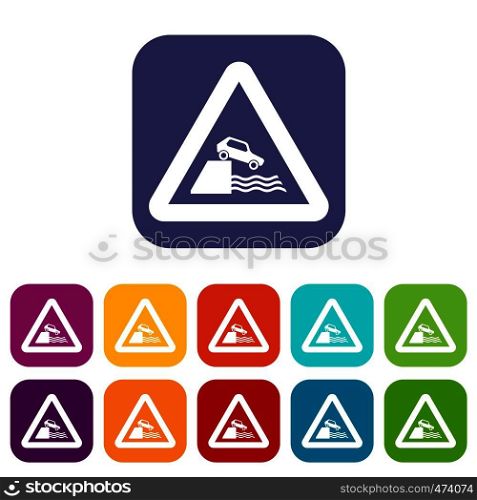 Riverbank traffic sign icons set vector illustration in flat style In colors red, blue, green and other. Riverbank traffic sign icons set