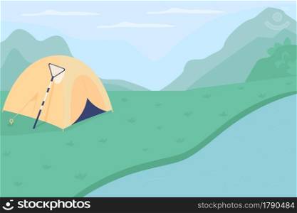 Riverside campground flat color vector illustration. Camp journey to lake. Peaceful pastime for family. Camping near surface waters. Nature preserve 2D cartoon landscape with mountains on background. Riverside campground flat color vector illustration