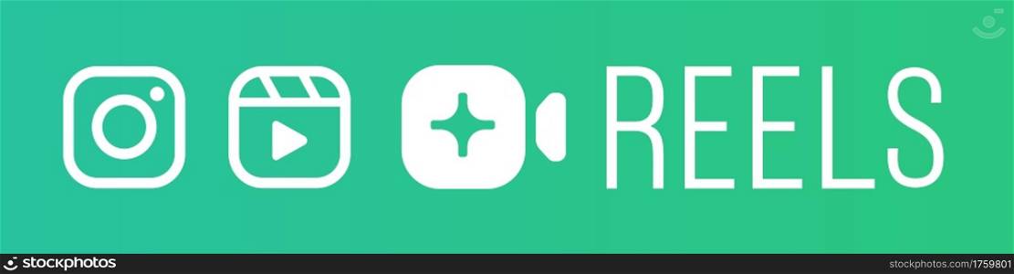 Rivne, Ukraine, 8 of September 2020, Instagram reels icon vector flat logo. New internet social network media app in mobile phone green backgorund.