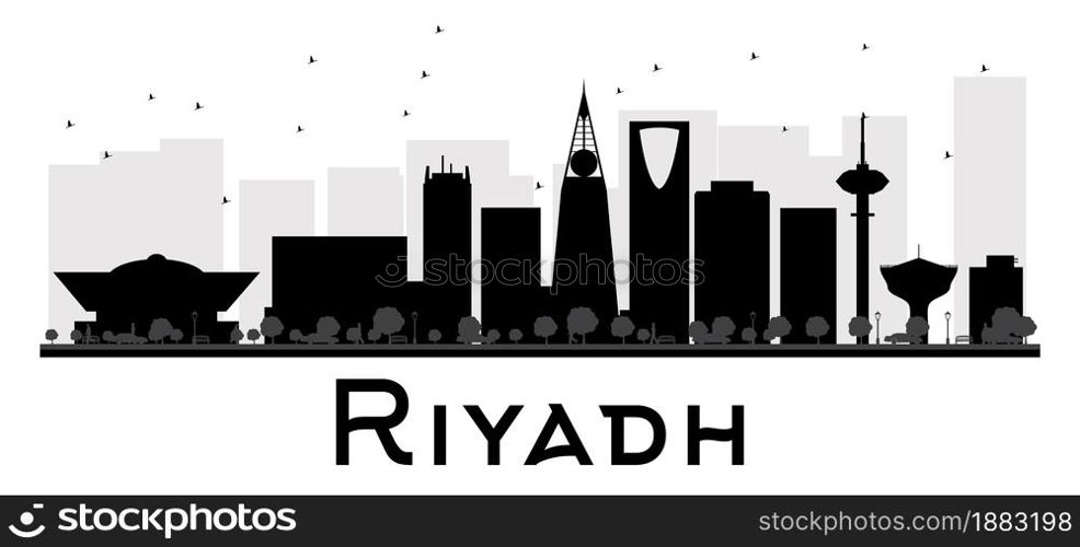 Riyadh City skyline black and white silhouette. Vector illustration. Simple flat concept for tourism presentation, banner, placard or web site. Business travel concept. Cityscape with landmarks