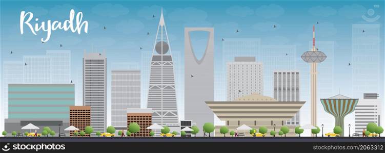 Riyadh skyline with grey buildings and blue sky. Vector illustration. Business and tourism concept with skyscrapers. Image for presentation, banner, placard or web site