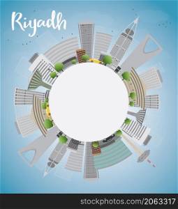 Riyadh skyline with grey buildings and blue sky. Vector illustration with copy space. Business and tourism concept with skyscrapers. Image for presentation, banner, placard or web site