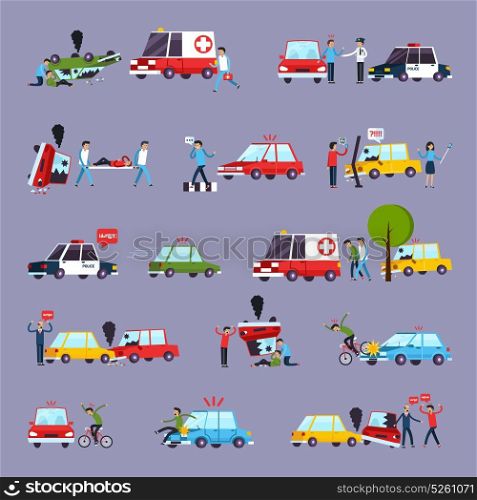 Road Accident Icons Set. Road accident icons set with car crash symbols flat isolated vector illustration