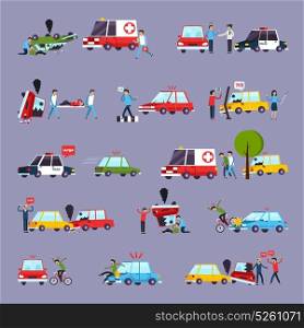 Road Accident Icons Set. Road accident icons set with car crash symbols flat isolated vector illustration