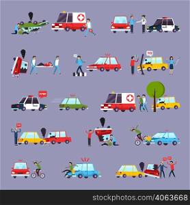Road accident icons set with car crash symbols flat isolated vector illustration . Road Accident Icons Set