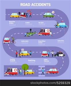 Road Accident Infographic Flowchart . Road accident infographic flowchart with driving symbols flat vector illustration
