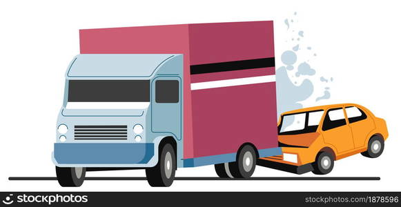 Road accident involving car and transportation lorry, traffic collision. Emergency and incident with vehicles. Smashed bumper of damaged car. Burning automobile with smoke, vector in flat style. Traffic collision of lorry and car, accident on road