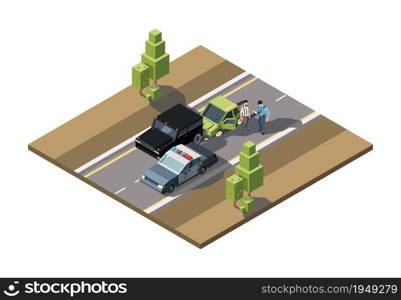 Road accident isometric. Car damaged emergency help traffic accidents injured crash vehicles urban transport vector 3d background. Isometry collision vehicle, transport accident. Road accident isometric. Car damaged emergency help traffic accidents injured crash vehicles urban transport vector 3d background