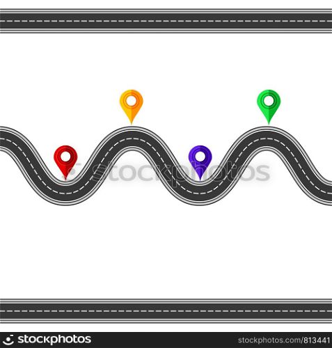 Road and Highway Elements with Markers for City Map Creation. Path Desigh for Traffic Illustration. Asphalt Traffic Streets Isolated on White. Top View Position.. Road and Highway with Markers for City Map Creation. Path Desigh for Traffic Illustration. Asphalt Traffic Street