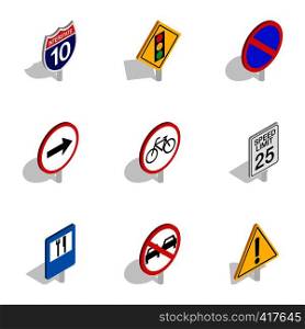 Road and highway sign icons set. Isometric 3d illustration of 9 road and highway sign vector icons for web. Road and highway sign icons, isometric 3d style