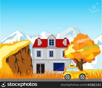Road and house on nature. Bright autumn landscape with house and expensive