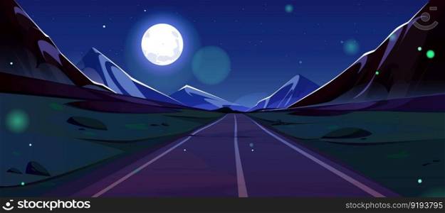 Road and mountain cartoon night landscape. Dark blue sky and full moon under straight way to horizon. Empty summer journey path scene with alps, glowworms. Asphalt freeway and mountains panoramic view. Road and mountain view night landscape cartoon