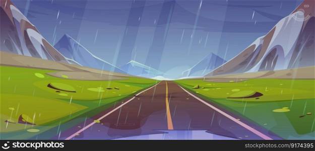 Road and mountain view rainy cartoon landscape. Blue sky and green grass on straight way to horizon. Empty∑mer jour≠y path sce≠with alps for game adventure. Outdoor aspha<freeway and mountains. Road and mountain view rainy landscape cartoon