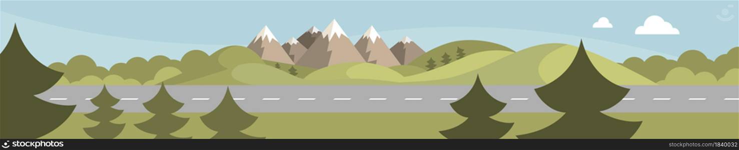 Road and mountains landscape. Flat design background. Vector illustration
