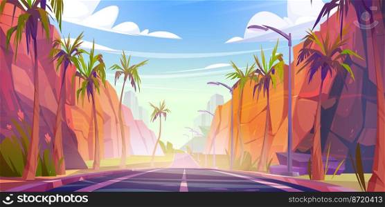 Road at tropical landscape with palm trees and rocks by sides perspective view. Beautiful panoramic background with empty highway, blue cloudy sky and mountains or canyon, Cartoon vector illustration. Road at tropical landscape with palms and rocks