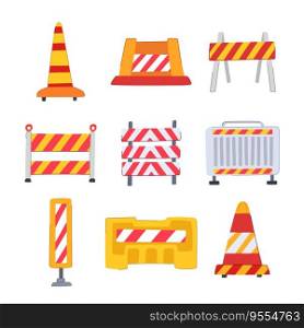 road barrier set cartoon. construction work, safety sign, fence block road barrier sign. isolated symbol vector illustration. road barrier set cartoon vector illustration