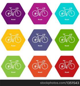 Road bike icons 9 set coloful isolated on white for web. Road bike icons set 9 vector