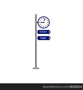 Road blue direction sign with clock vector illustration. Road direction sign with clock