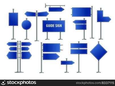 Road blue signs set. Blank boards, blue signposts, guide. City concept. Vector illustrations can be used for topics like street, direction, traffic
