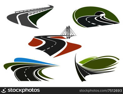 Road bridge, highway tunnel, mountain freeway and steep turns of highways icons set, for travel or transportation themes. Asphalt highway and roads abstract icons