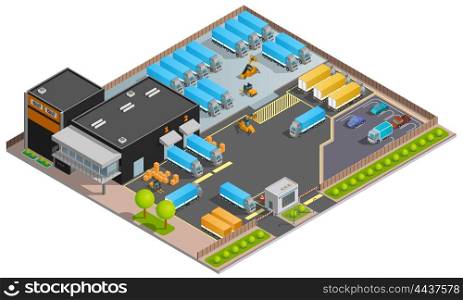 Road Cargo Transportation Isometric Design Concept. Road cargo transportation isometric design concept with warehouse parking for trucks and refrigerators checkpoint with barrier flat vector illustration