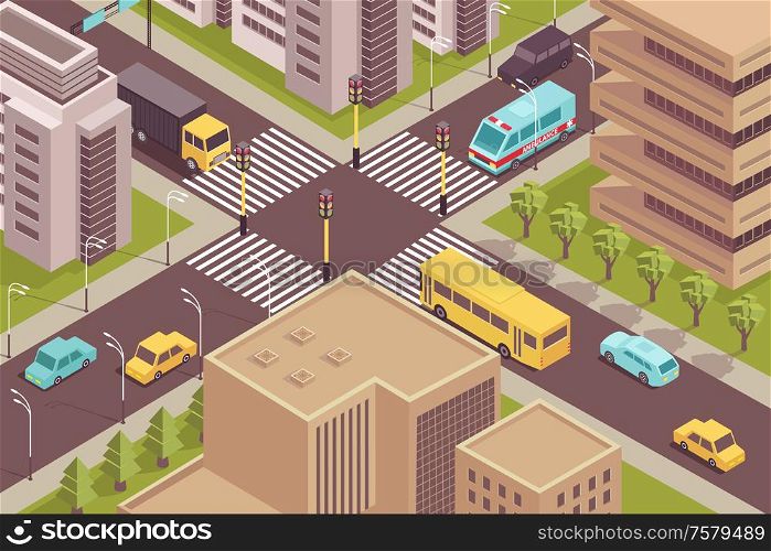 Road city isometric scenery with birds eye view of signalized intersection with cars and modern buildings vector illustration