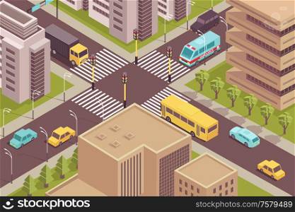 Road city isometric scenery with birds eye view of signalized intersection with cars and modern buildings vector illustration