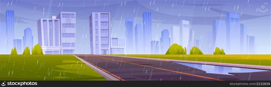 Road, city with buildings and skyscrapers and green lawn in rain. Vector cartoon illustration of summer landscape with empty highway and modern town on horizon at rainy weather. Road, city with buildings and green lawn in rain