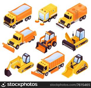 Road cleaning vehicles isometric yellow set with street sweeper washers snowplow clearance bulldozer tractor machinery vector illustration