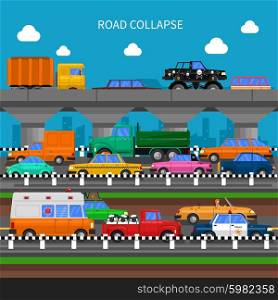 Road Collapse Background . Road collapse and traffic jams background with lots of cars flat vector illustration