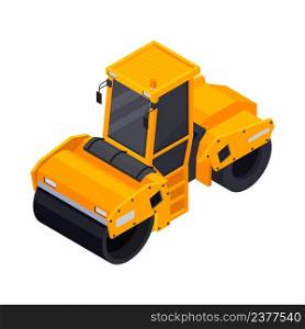 Road construction isometric composition with isolated image of orange road roller vector illustration. Road Roller Isometric Composition