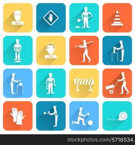 Road contractor street workers flat white icons set with isolated vector illustration