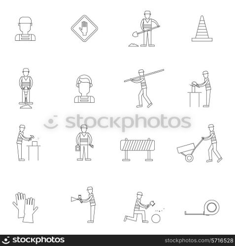 Road contractor street workers with shovel brush helmet outline icons set with isolated vector illustration