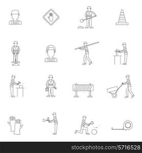 Road contractor street workers with shovel brush helmet outline icons set with isolated vector illustration