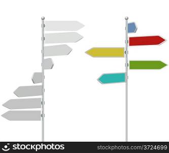 Road direction arrow sign post template isolated on white background with colored example.