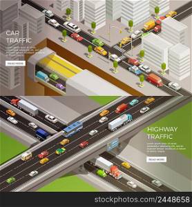 Road e≤ments isometric ban≠rs set with urban sce≠ry highway and car ima≥s with read more button vector illustration. Urban Motorway Ban≠rs Set