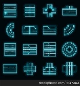 Road elements constructor icons set. Illustration of 16 road elements constructor vector icons neon color on black. Road elements constructor icons set vector neon