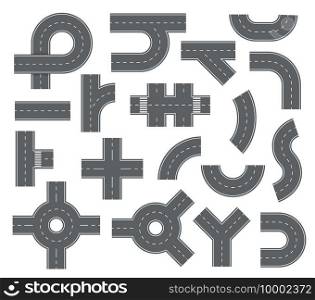 Road elements. Streets and roads with footpaths and crossroads for city map. Speedway navigation top view vector set. Road highway, plan traffic speedway, crossroad street illustration. Road elements. Streets and roads with footpaths and crossroads for city map. Speedway navigation top view vector set