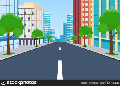 Road Empty City Street. highway cityscape, modern big skyscrapers town. Vector illustration in flat style. Road way to city buildings