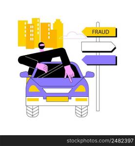 Road fraud abstract concept vector illustration. Road safety, fellow traveller, road crime, criminal fraud, pick up hitchhiker, threat and robbery, illegal transportation abstract metaphor.. Road fraud abstract concept vector illustration.