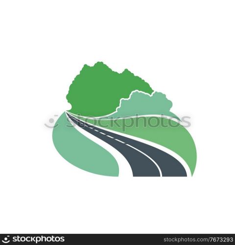 Road icon forest and highway path way, vector travel and journey trip symbol. Road curve to forest, asphalt with transport traffic lane, green eco construction and road building industry. Road icon, forest highway path way, travel journey