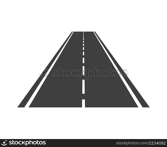 Road icon. Straight asphalt highway. Line of perspective way. Road forward. Path for truck and car. Vector.