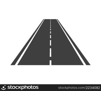 Road icon. Straight asphalt highway. Line of perspective way. Road forward. Path for truck and car. Vector.