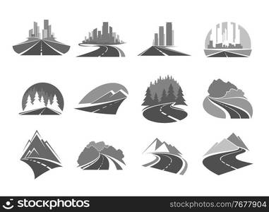 Road icons, highway to city, forest and mountains, way and traffic route, vector icons. Road signs of travel, tourism and highway construction service, transport pathway drive and cityscape. Road highway icons. City, forest and mountains