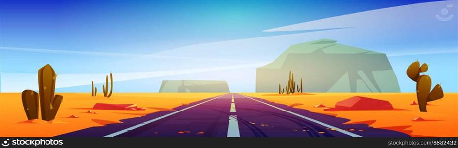 Road in desert scenery landscape with rocks and dry ground. Straight empty highway in Arizona Grand Canyon, asphalted way disappear into the distance with sun. Cartoon vector illustration. Road in desert scenery landscape with rocks