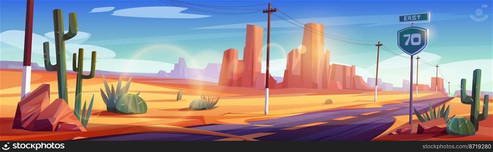 Road in desert scenery landscape with rocks, cacti and dry sandy ground. Straight empty highway in Arizona Grand Canyon, asphalted way with speed sign high voltage wires Cartoon vector illustration. Road in desert landscape with rocks and cacti